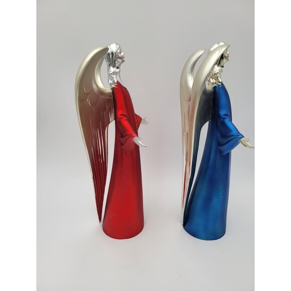 Lot Of 2 Plastic Silver Tone Angel Figurines Red & Blue Table Decorations 12" - Picture 4 of 13